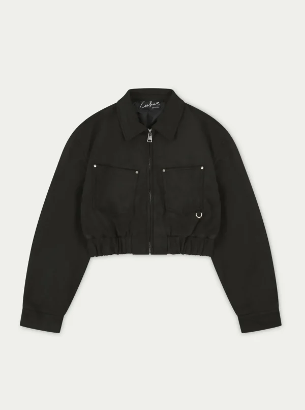The Couture Club Suede Cropped Carpenter Bomber Jacket