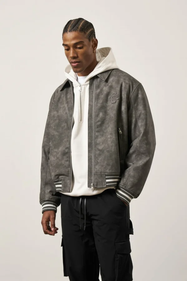 The Couture Club Vintage Look Faux Leather Bomber Jacket