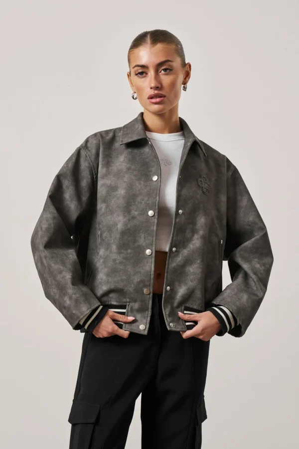 The Couture Club Vintage Look Oversized Faux Leather Bomber