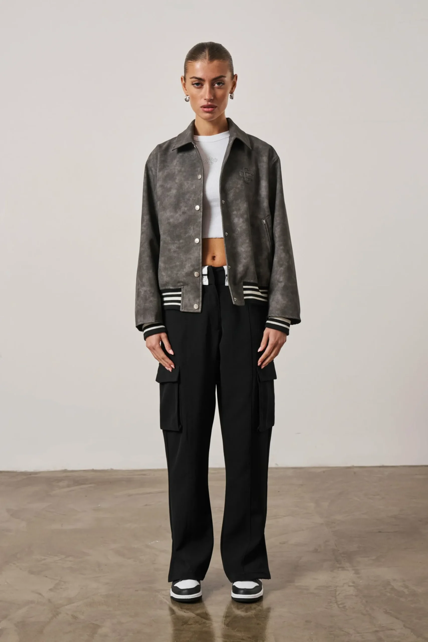The Couture Club Vintage Look Oversized Faux Leather Bomber